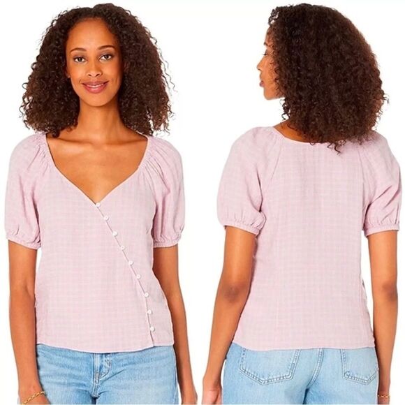 MADEWELL Linen-Blend Puff-Sleeve Button-Wrap Top in Lavender Plaid-S - Picture 1 of 9